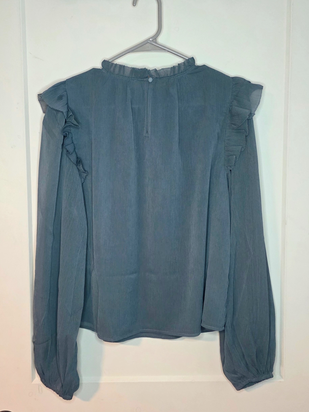 The Drop - Slate Blue Ruffled Shoulder Sheer Long-Sleeve Blouse - Picture 6 of 8